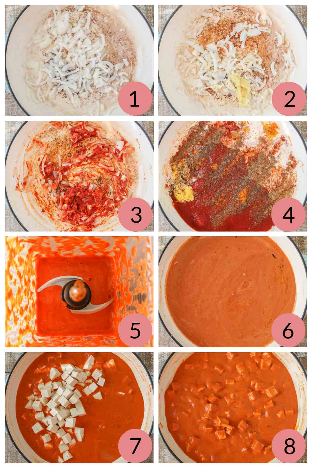Collage of steps to make a vegetarian butter chicken recipe with tofu.