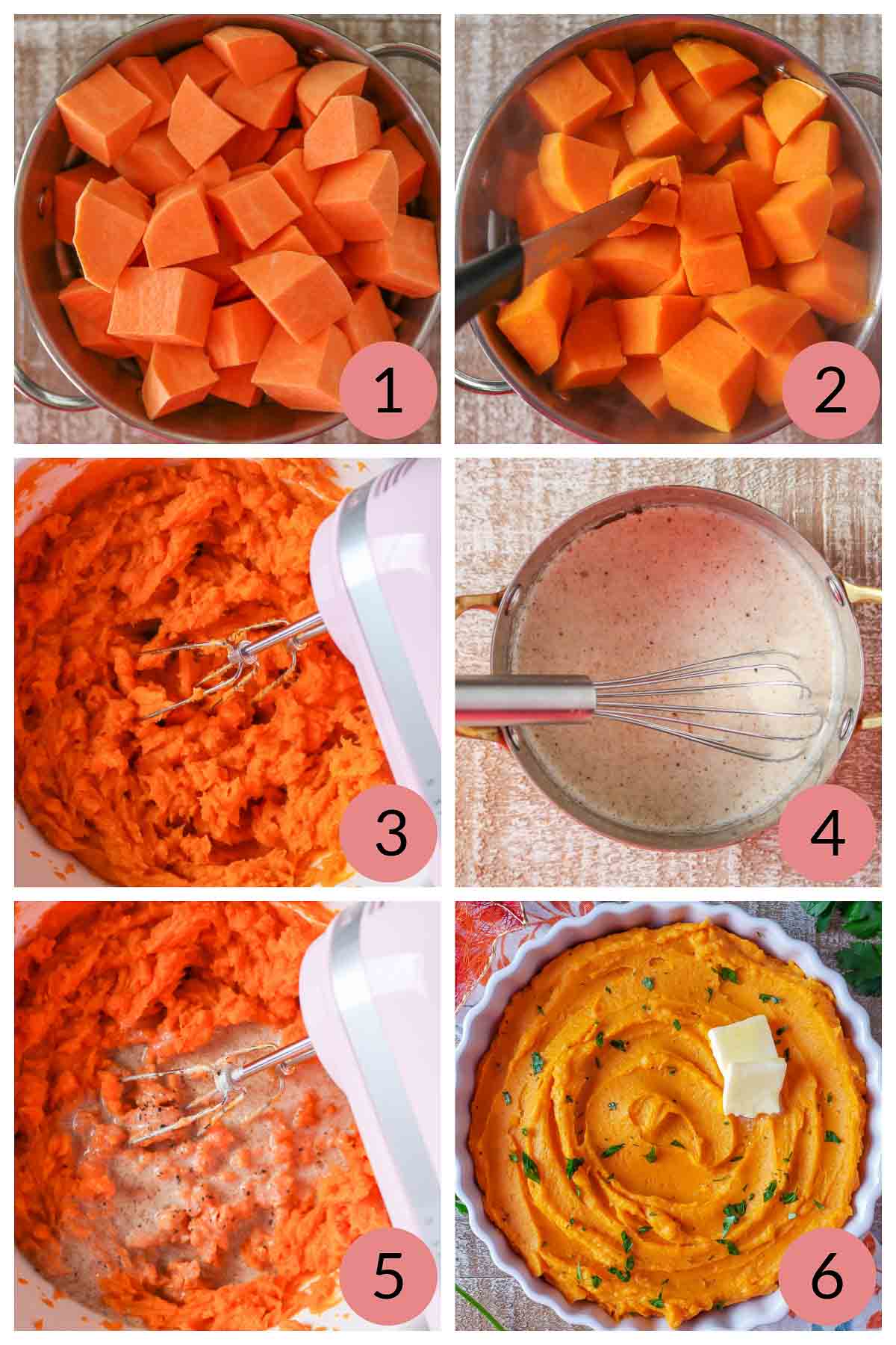 Collage of steps to make whipped sweet potatoes.