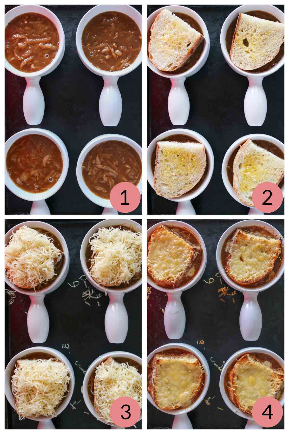 Collage of steps to assemble French onion soups into bowls with bread and cheese.