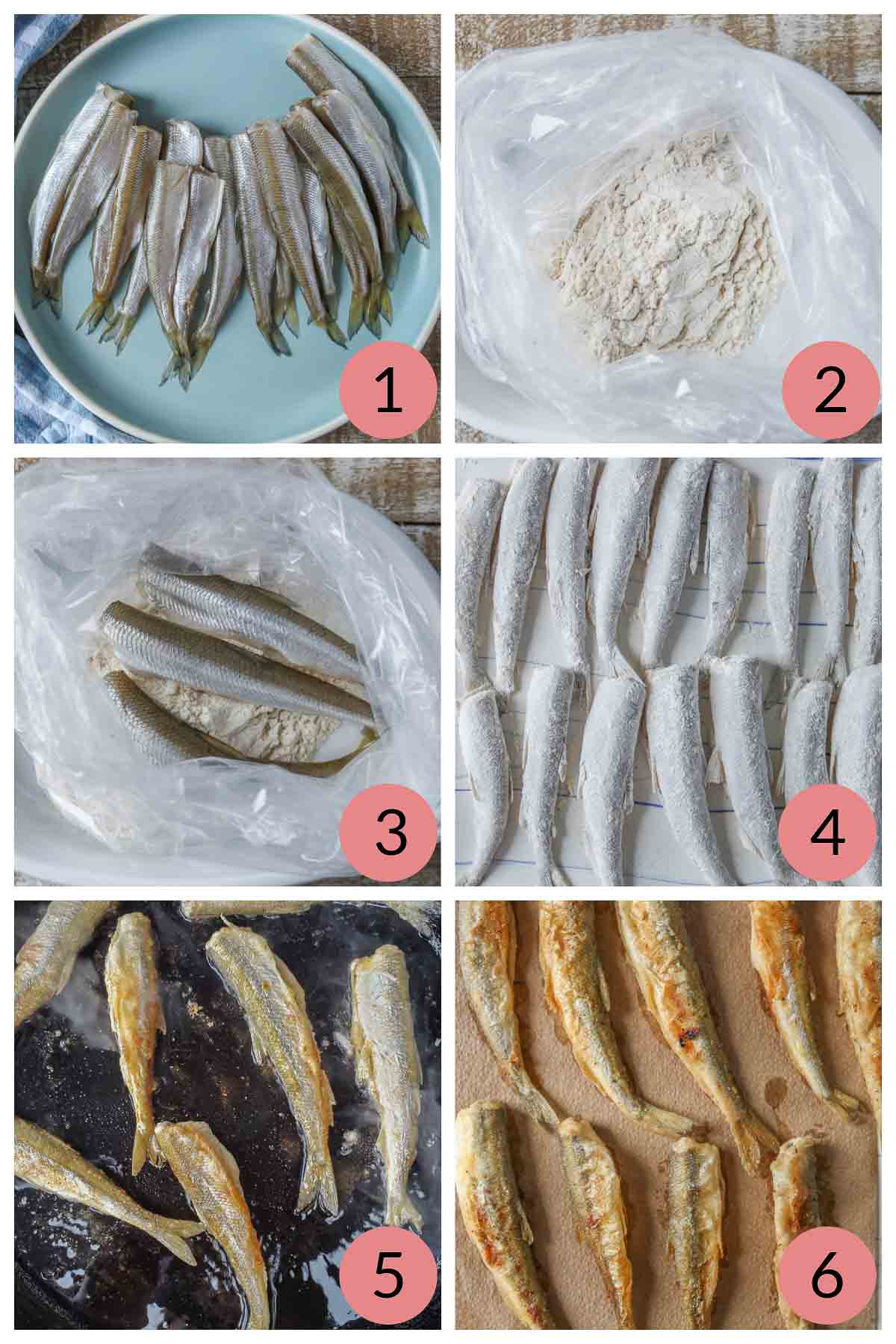 Collage of steps to cook smelt.