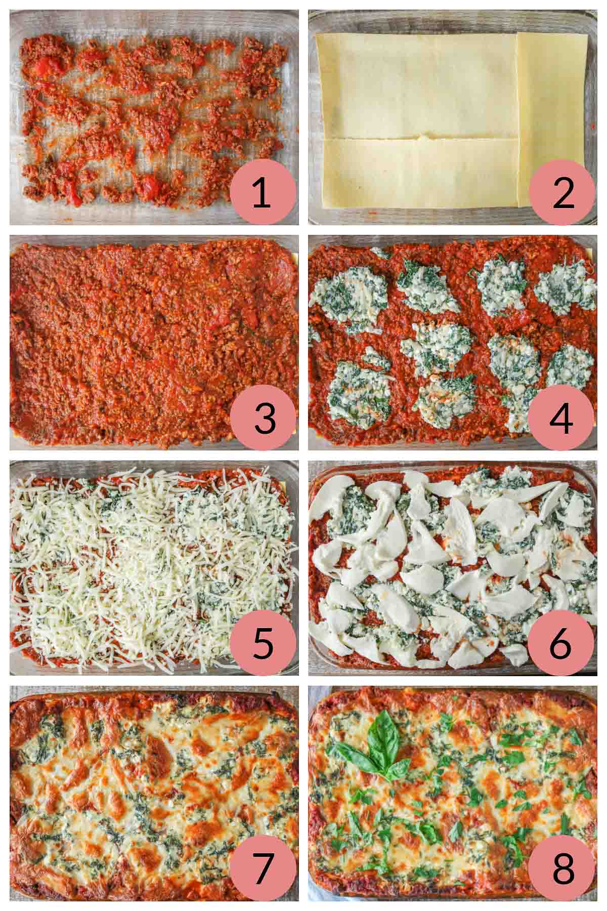 Collage of steps to layer and bake a homemade lasagna recipe.