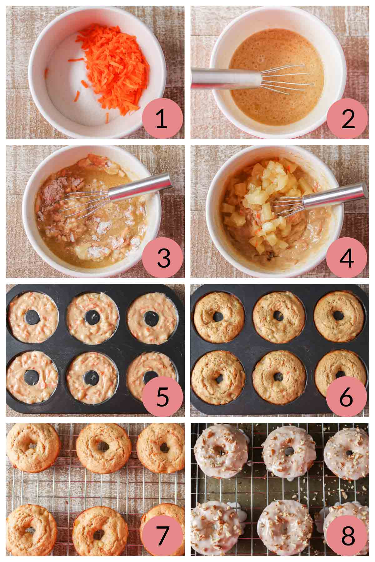 Collage of steps to make carrot cake donuts.