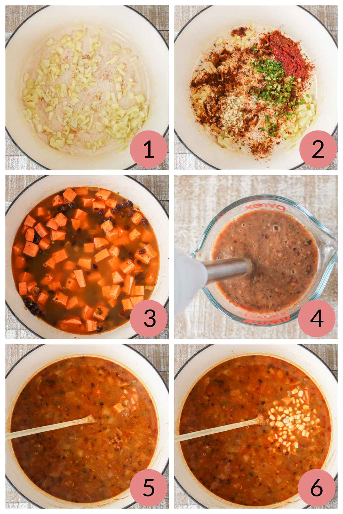 Collage of steps to make black bean sweet potato soup.