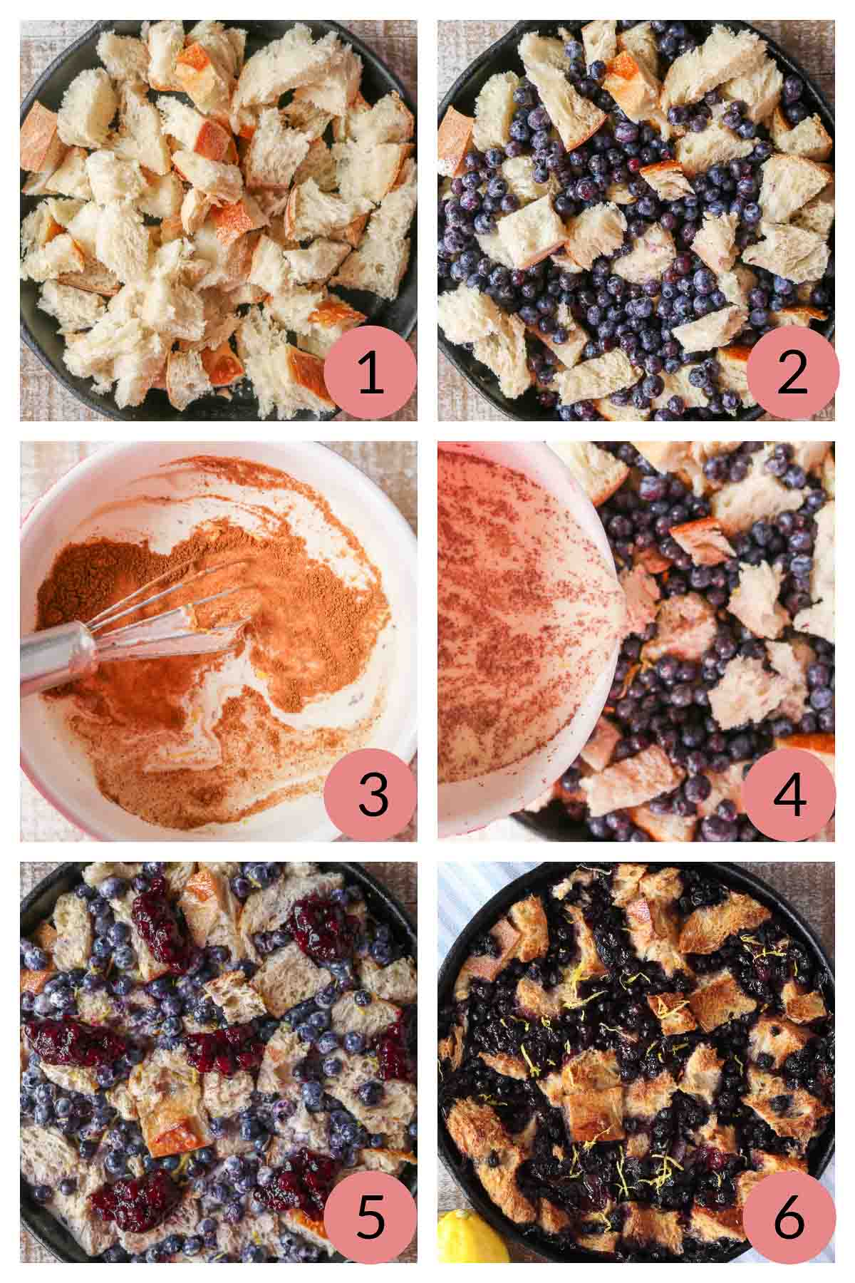 Collage of steps to make blueberry bread pudding.