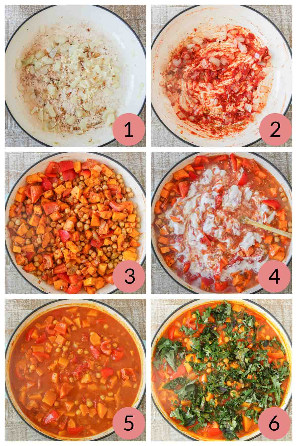 Collage of steps to make a butternut squash chickpea curry recipe.