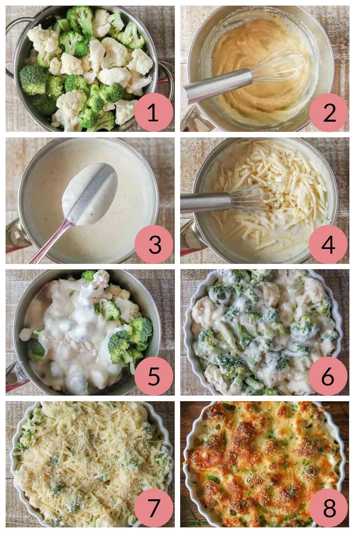 Collage of steps to make a vegetable au gratin recipe with broccoli and cauliflower.