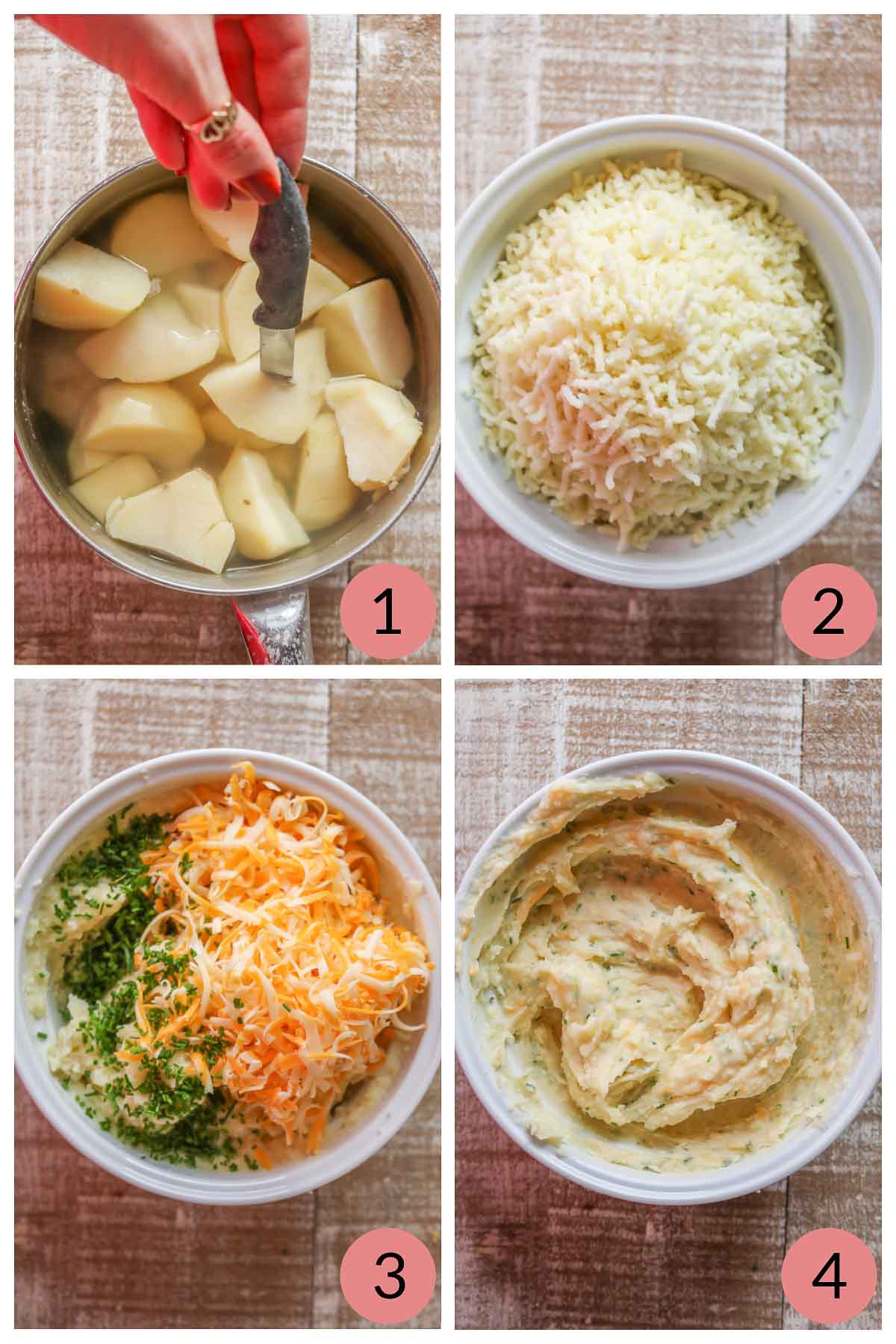 Collage of steps to make cheesy mashed potatoes with chives.