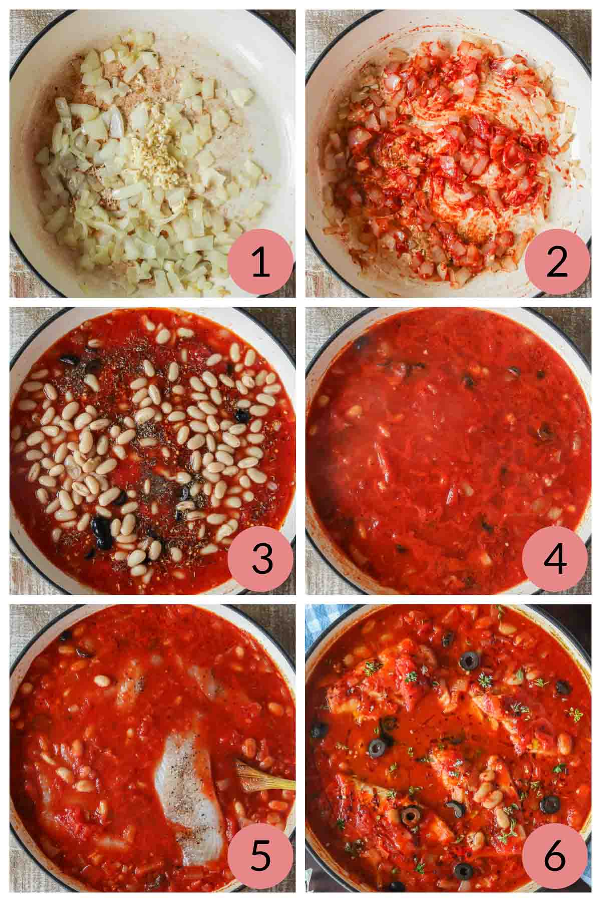 Collage of steps to make cod in tomato sauce.