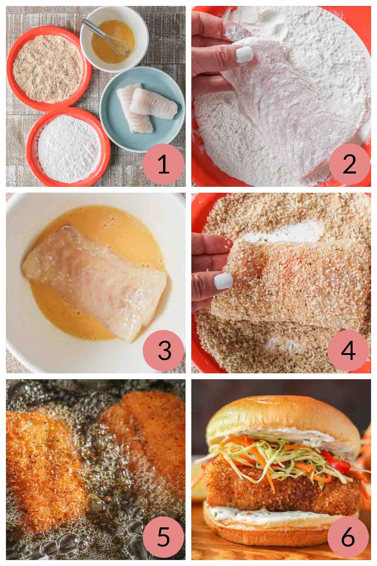 Collage of steps to make a crispy fish burger recipe.