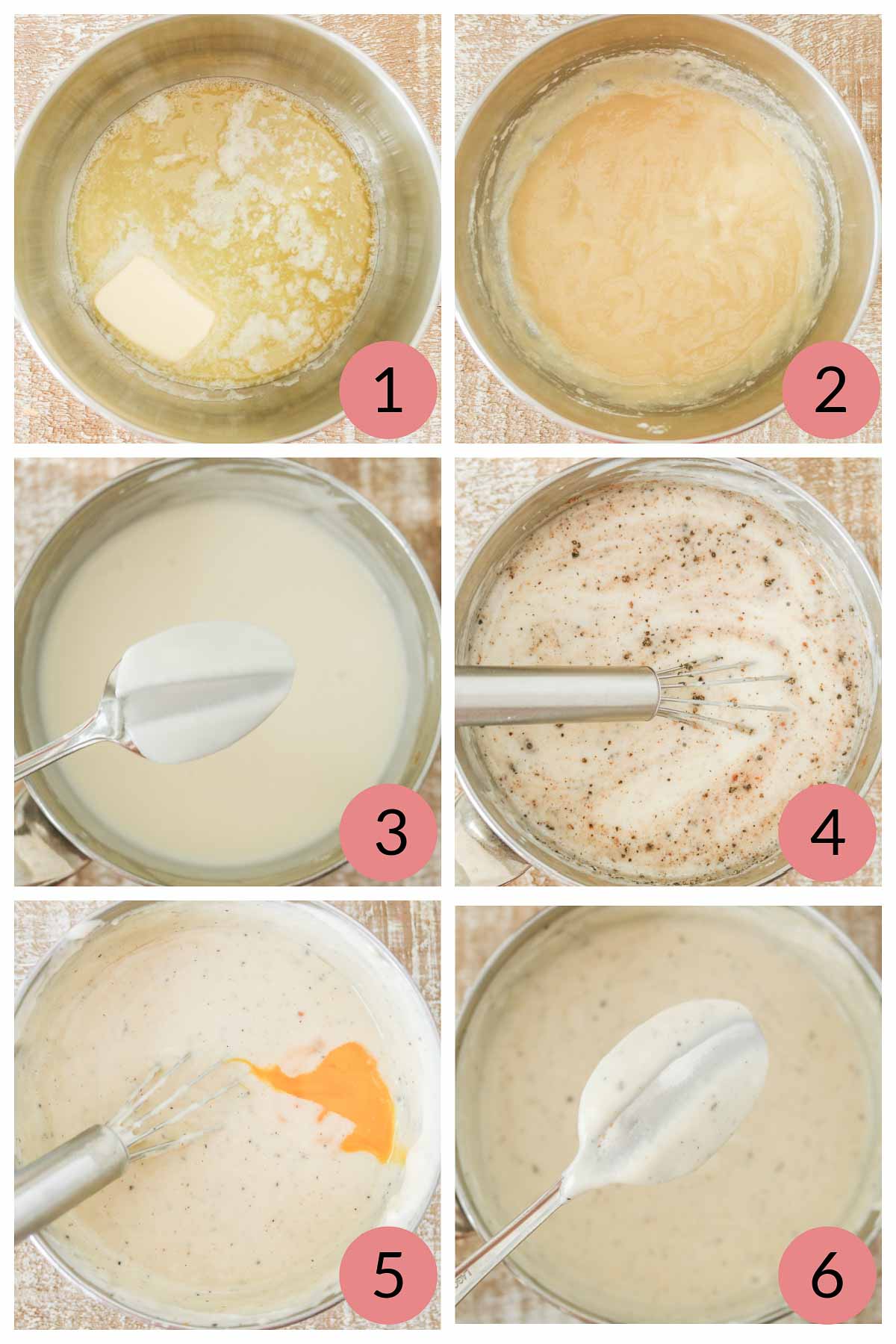 Collage of steps to make custard sauce for moussaka.
