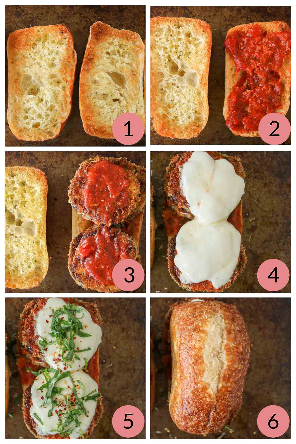 Collage of steps to assemble an eggplant Parmesan sandwich.