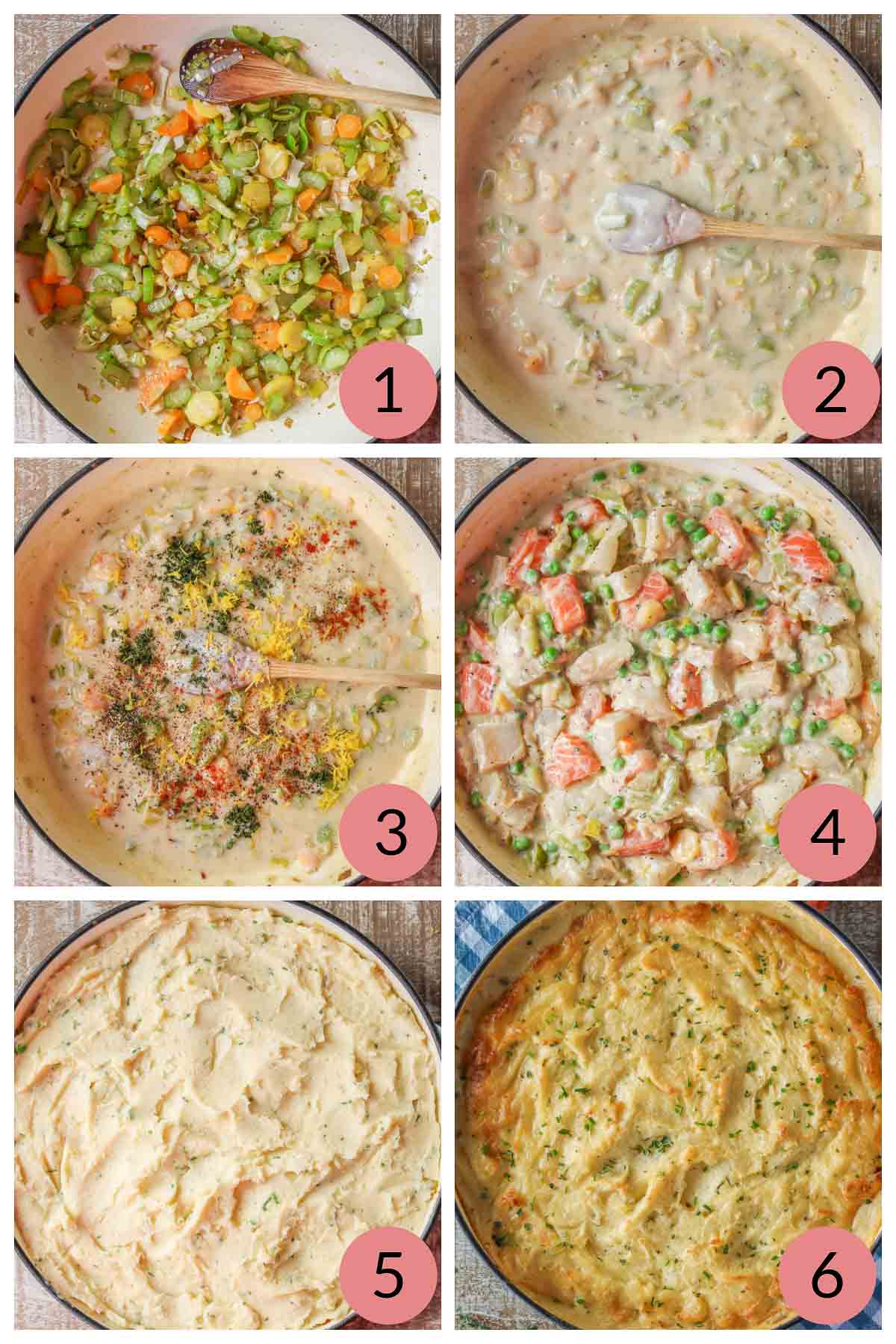 Collage of steps to make fish pie.