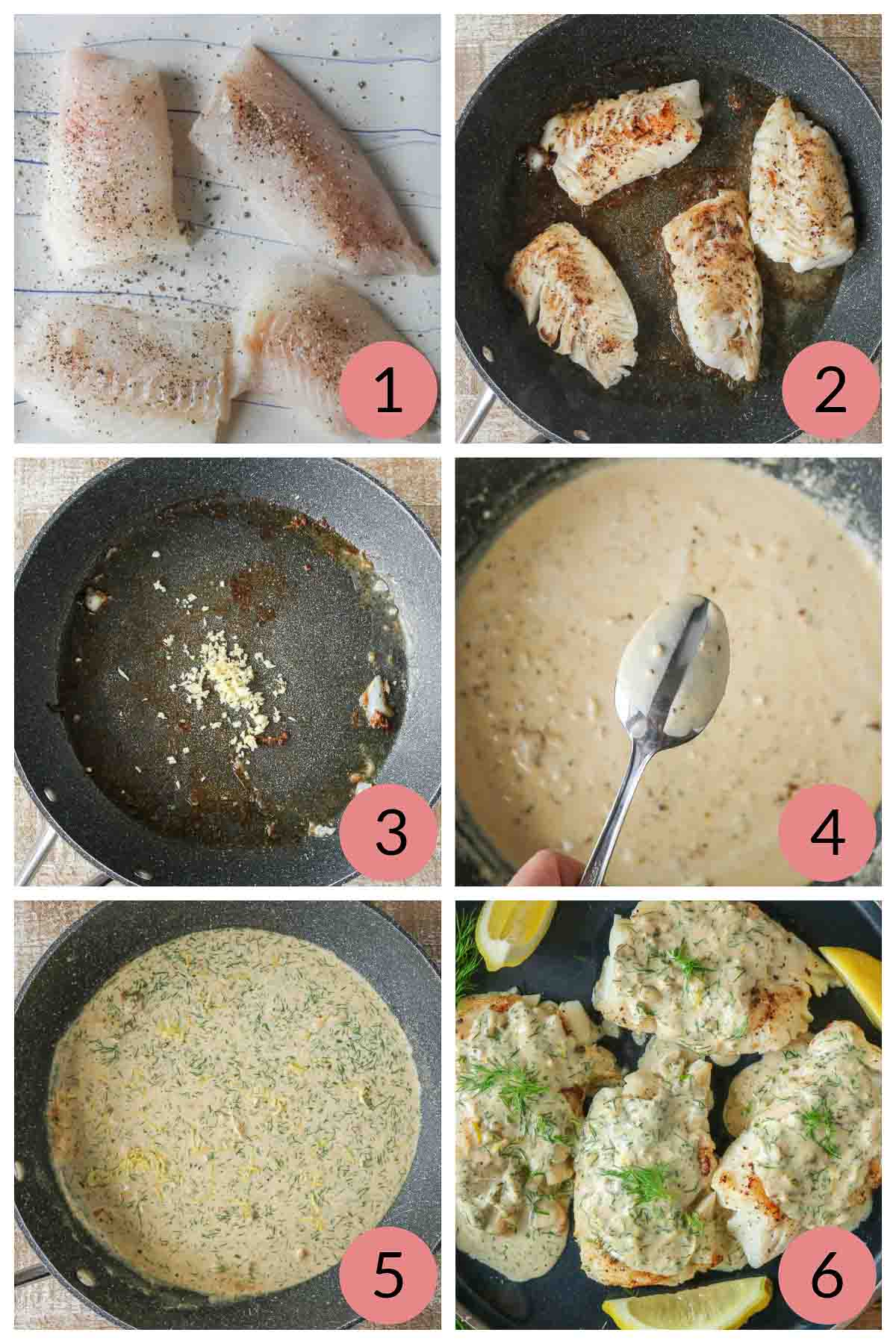 Collage of steps to make pan-fried fish with cream sauce.