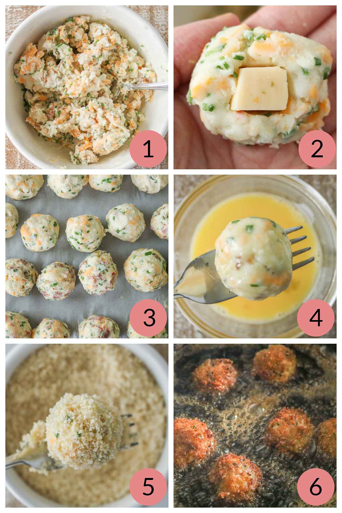 Collage of steps to make cheese-stuffed fried mashed potato balls.