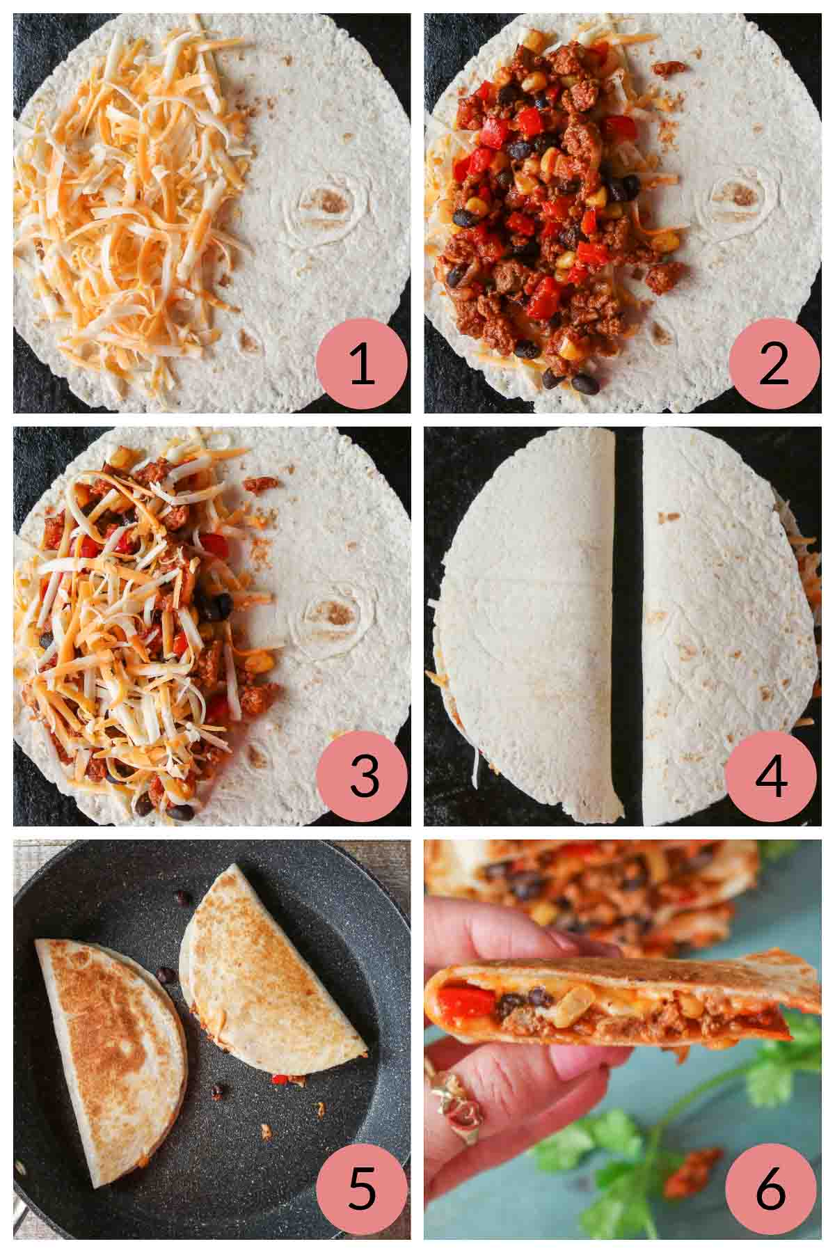 Collage of steps to make a ground turkey quesadilla recipe.