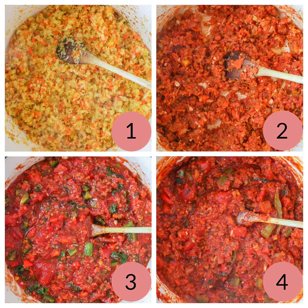 Collage of steps to make sauce for veggie lasagna.