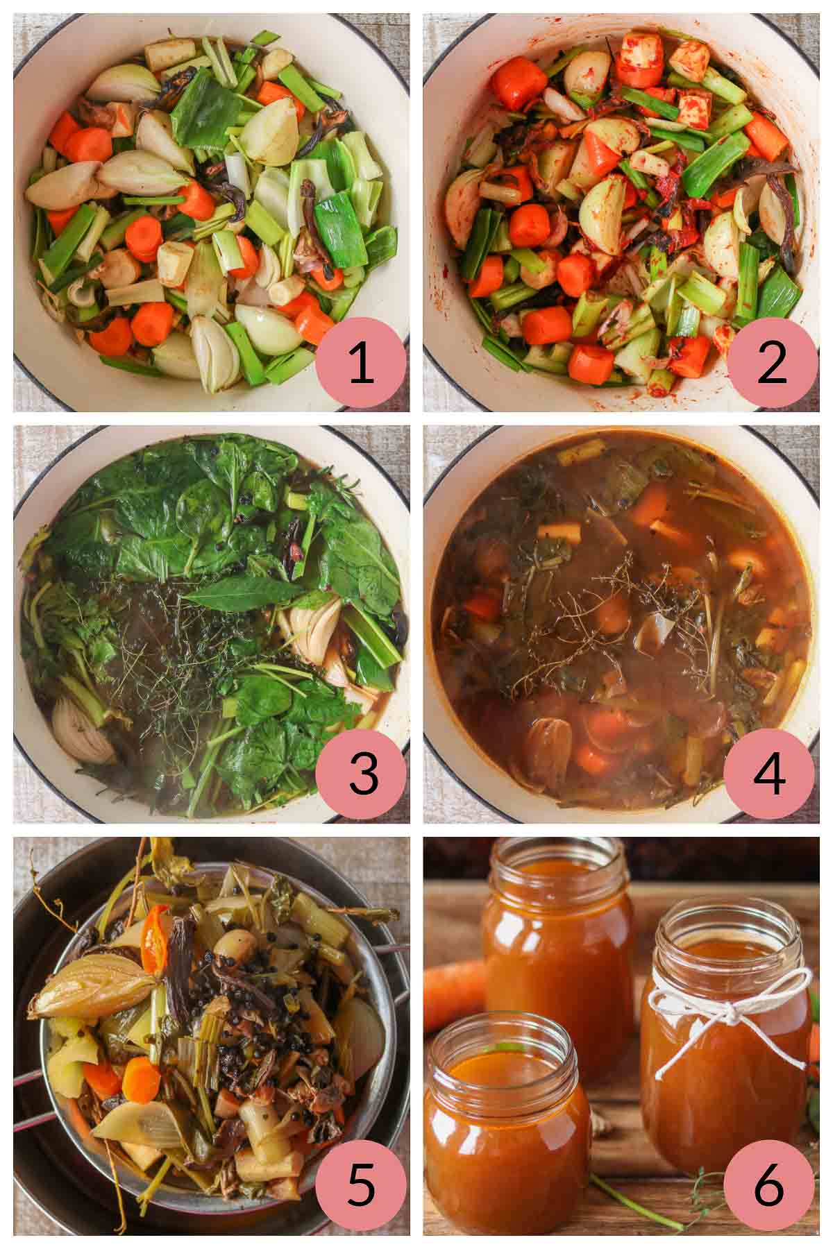 Collage of steps to make vegetable broth.