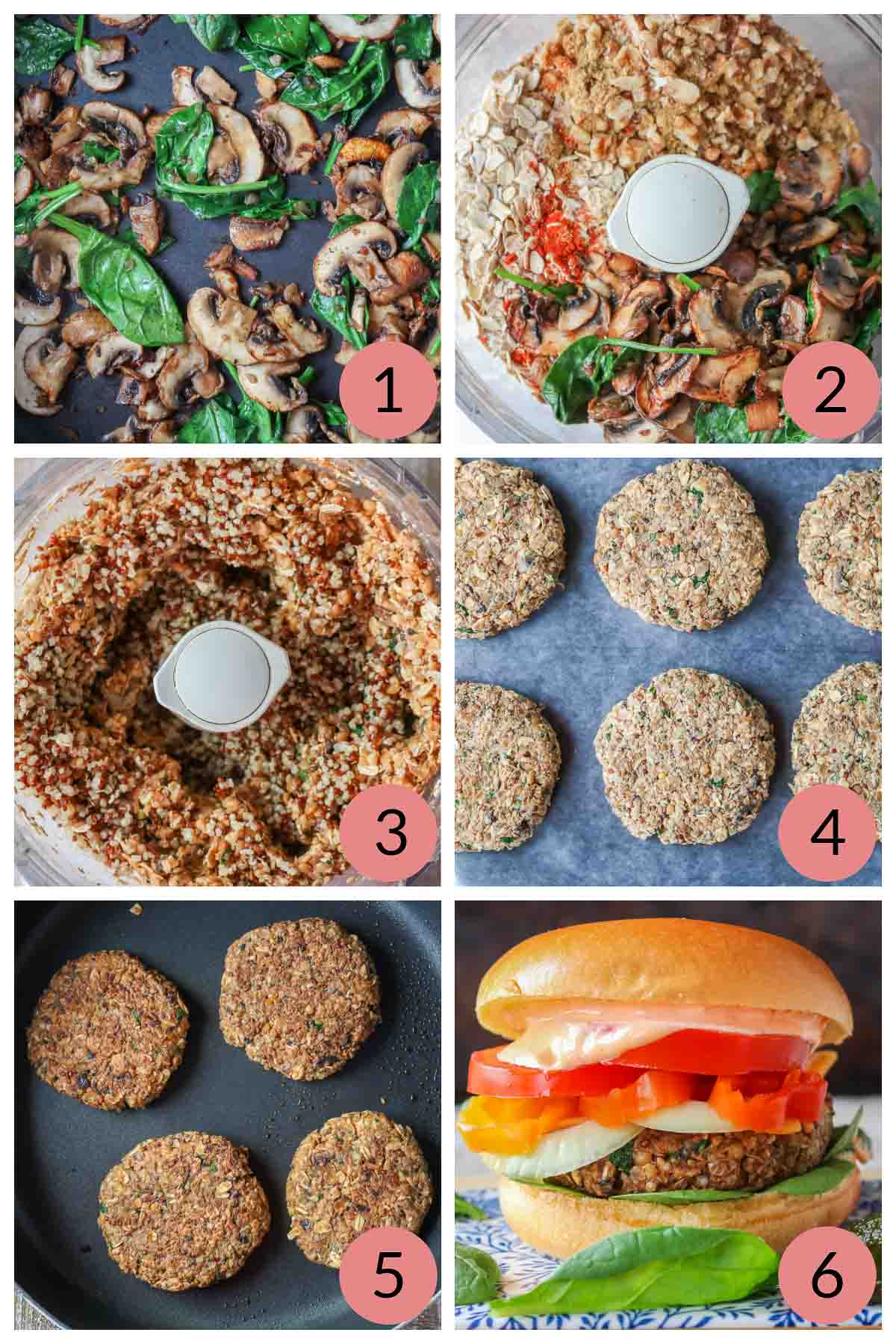 Collage of steps to make lentil burgers.