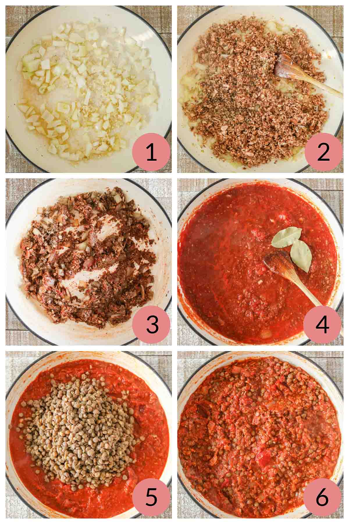 Collage of steps to make lentil sauce for moussaka.