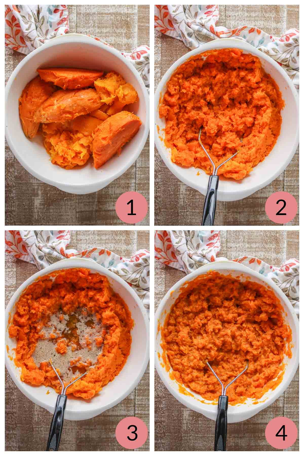 Collage of steps to make butternut squash and sweet potato mash.