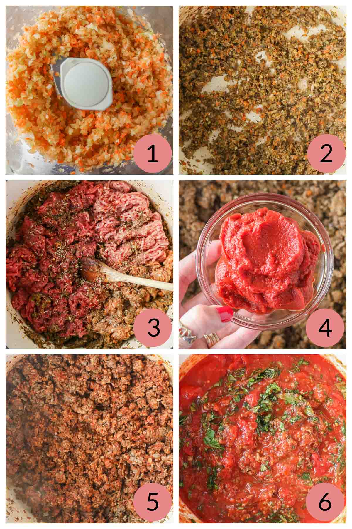 Collage of steps to make meat sauce for a homemade lasagna recipe.