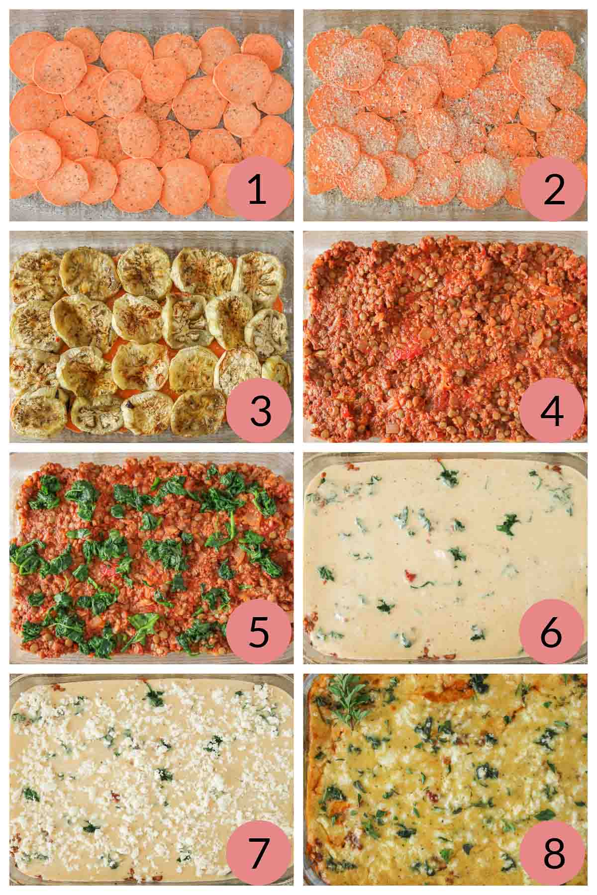 Collage of steps to assemble a lentil moussaka recipe.