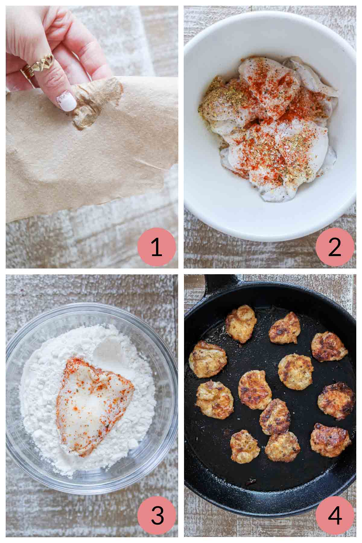 Collage of steps to make pan-fried cod tongues.