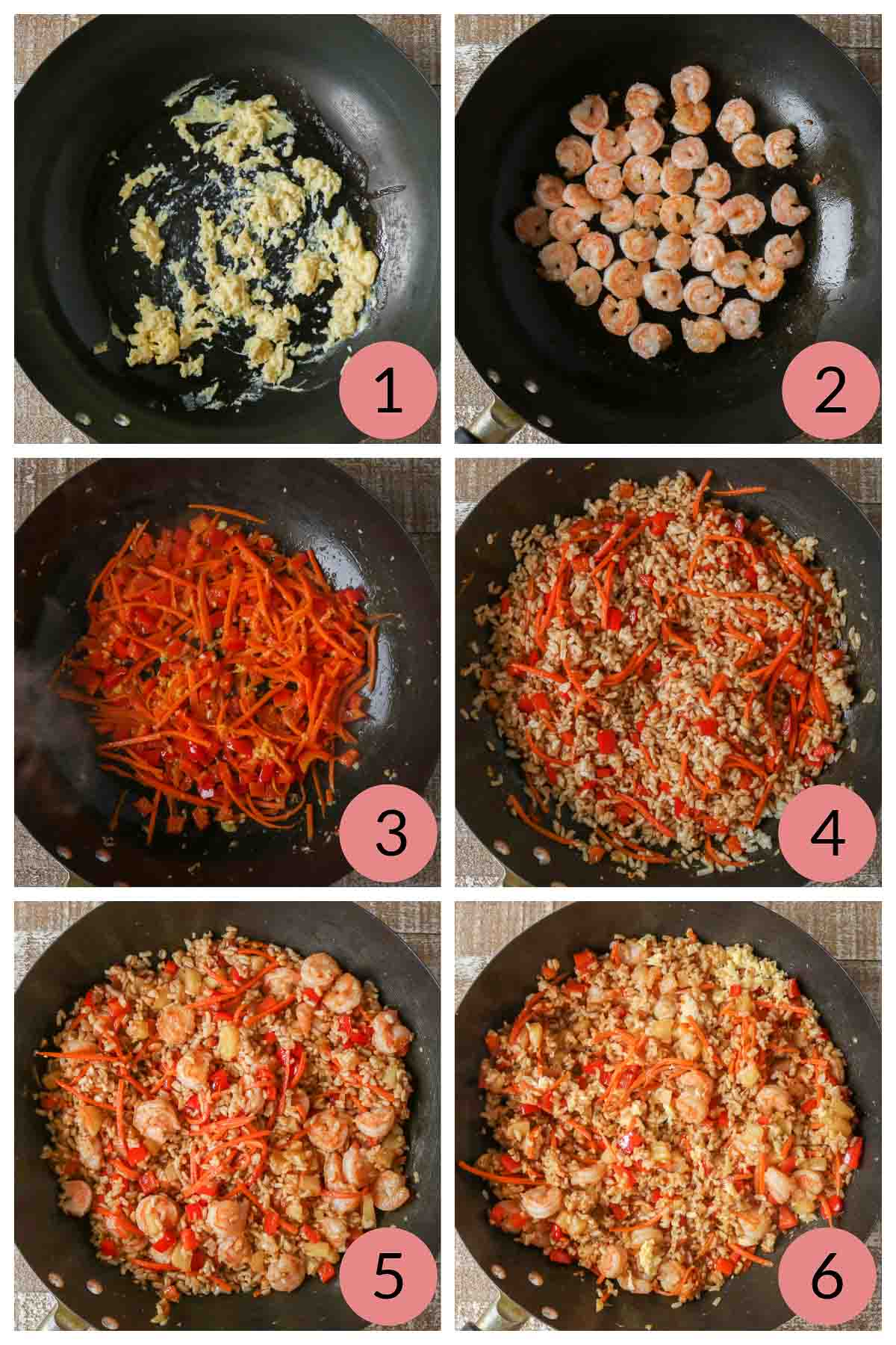 Collage of steps to make homemade fried rice with shrimp, vegetables and pineapple.