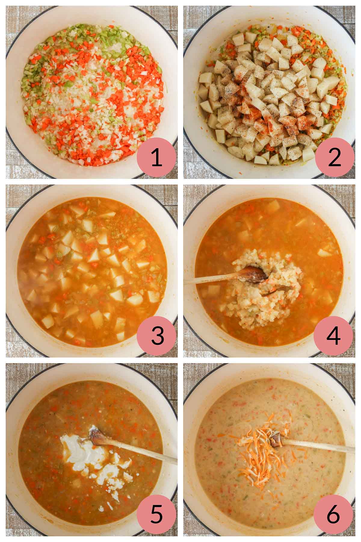 Collage of steps to make a cheesy potato soup recipe.
