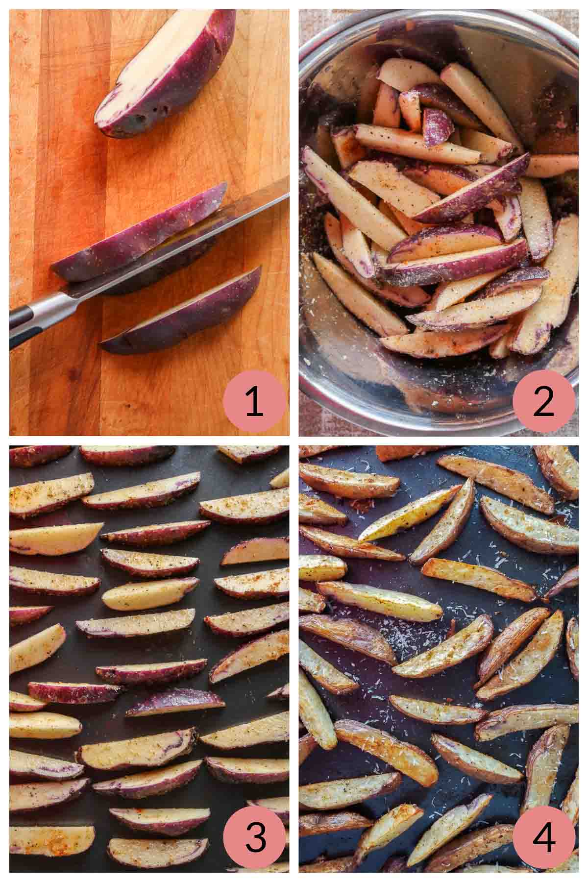 Collage of steps to make homemade potato wedges.
