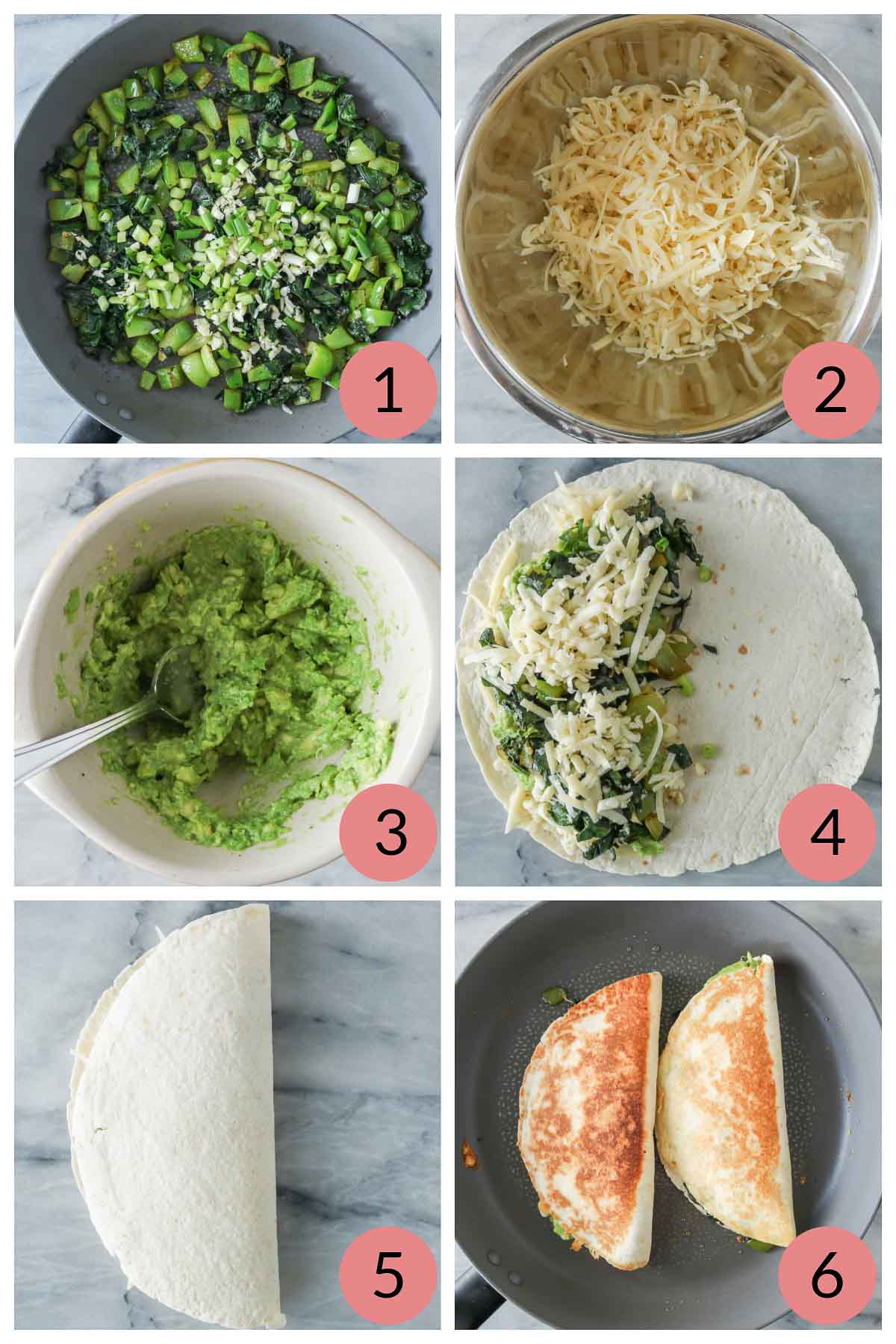Collage of steps to make quesadillas with avocado and veggies.