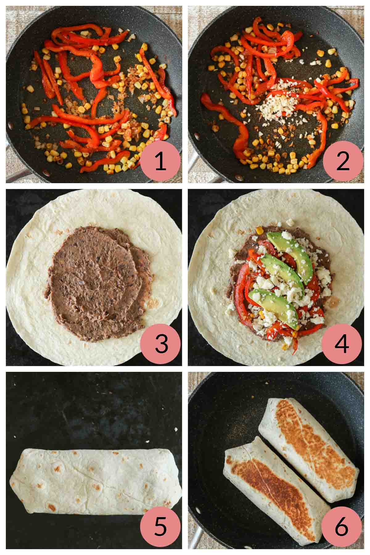 Collage of steps to make a burrito with refried beans, veggies, avocado and cheese.