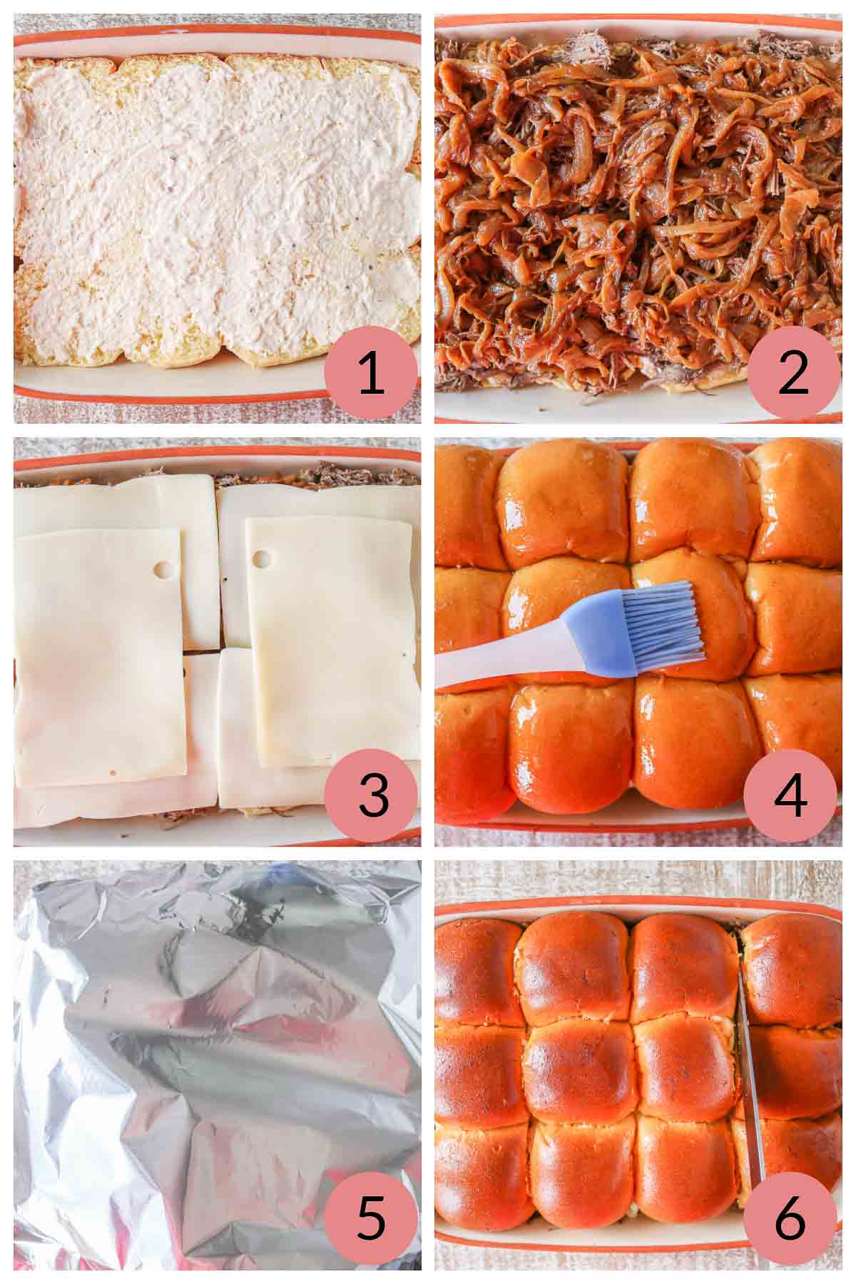 Collage of steps to make roast beef sliders with caramelized onions & cheese.
