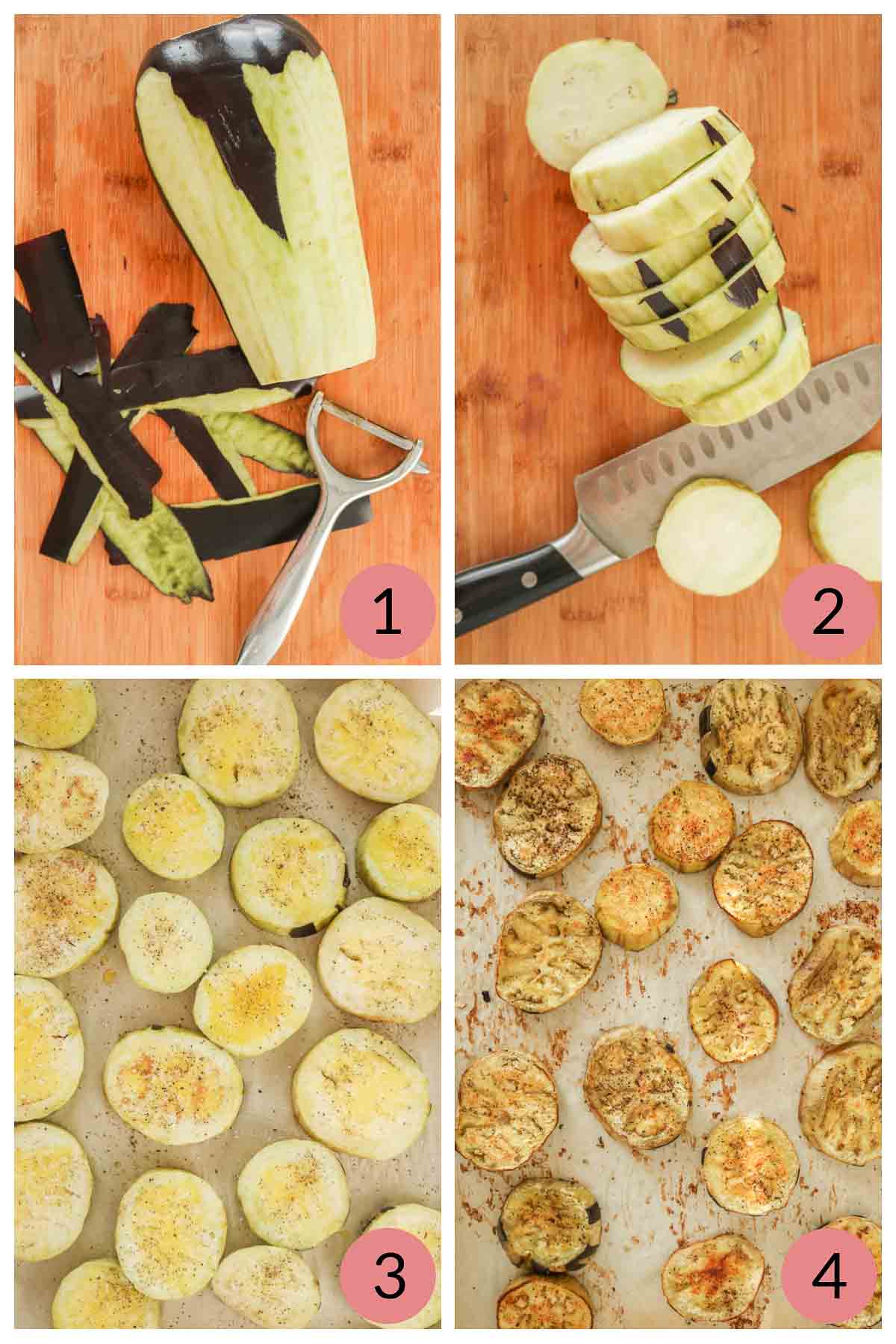 Collage of steps to make roasted eggplant rounds.