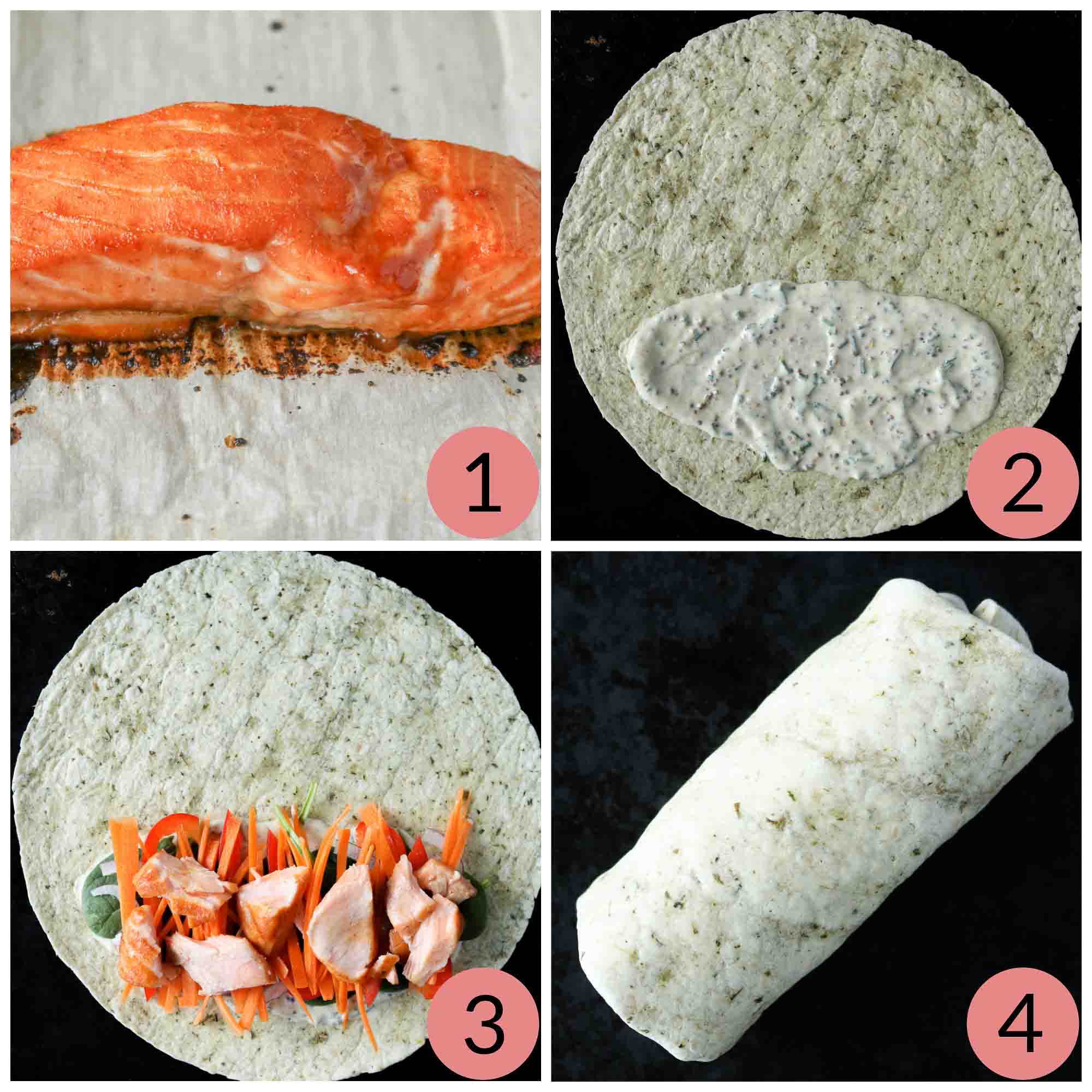 Collage of steps to make a fresh salmon wrap with veggies and creamy honey mustard sauce.