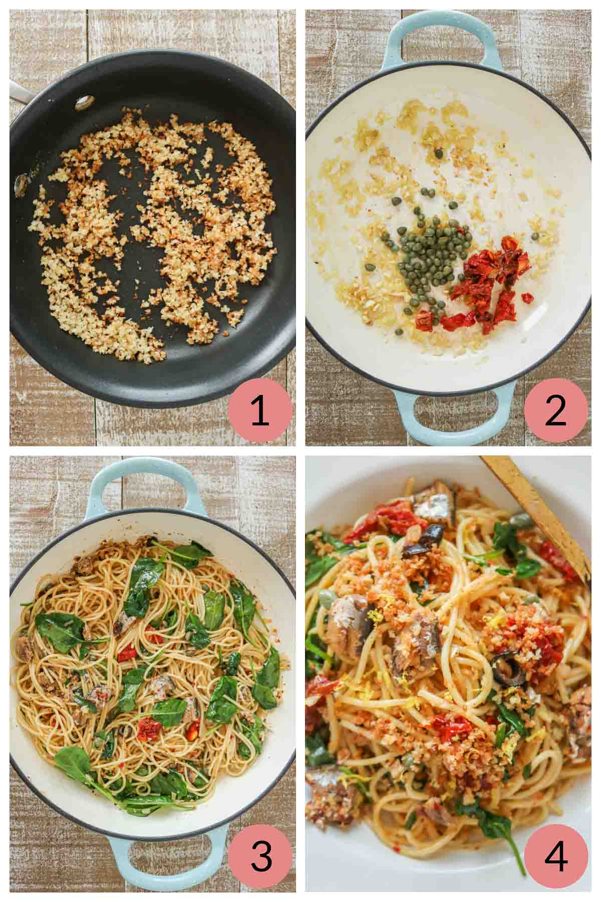 Collage of steps to make pasta with sardines.
