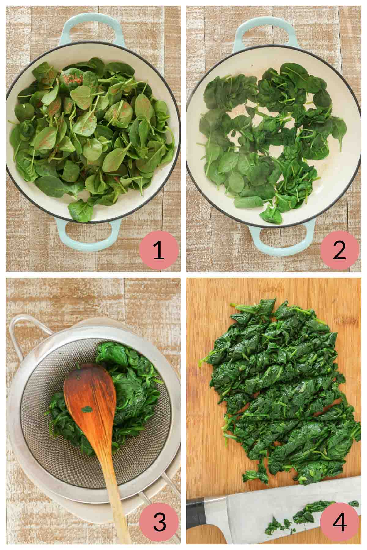 Collage of steps to cook baby spinach.