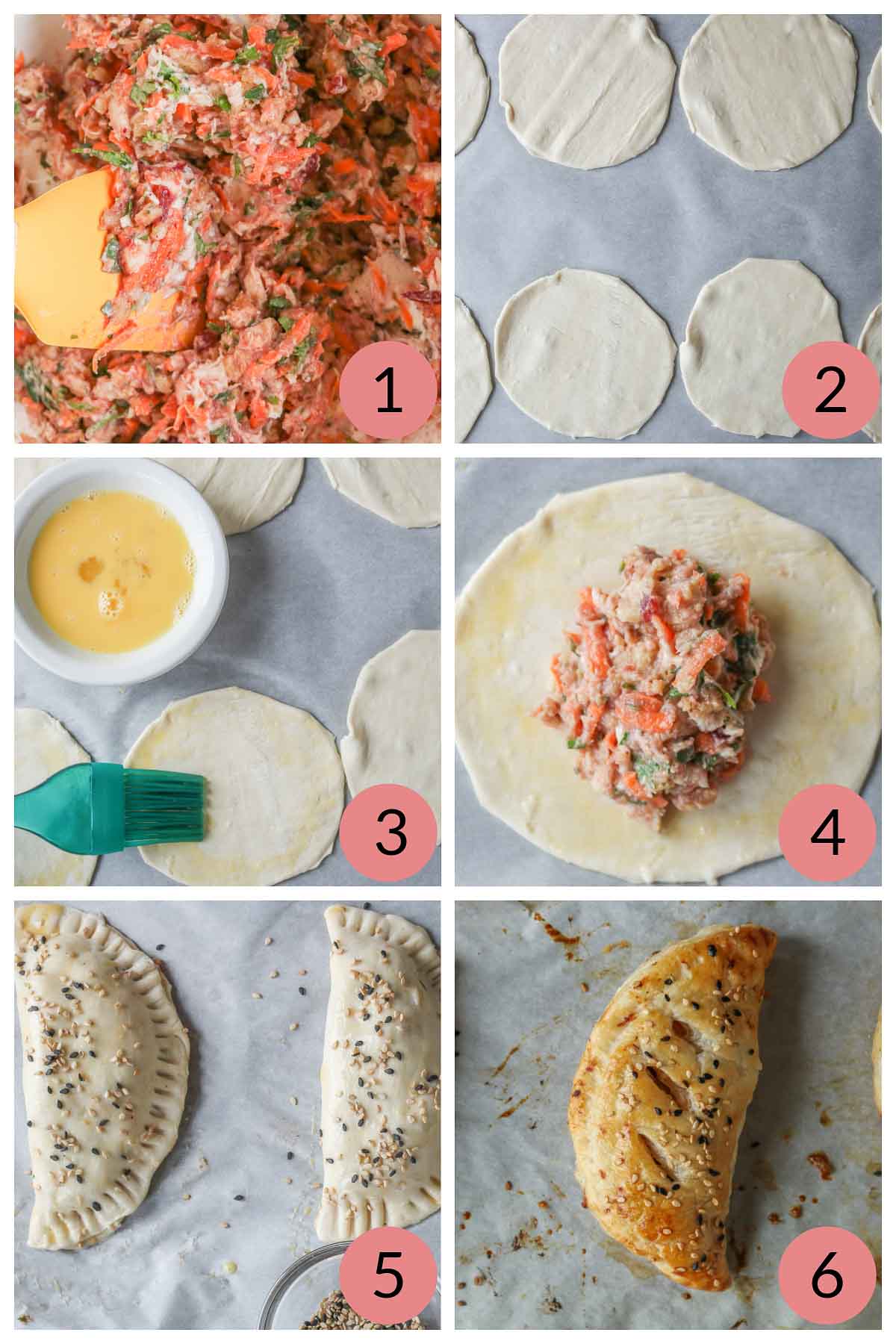 Collage of steps to make savoury hand pies with puff pastry and filling.