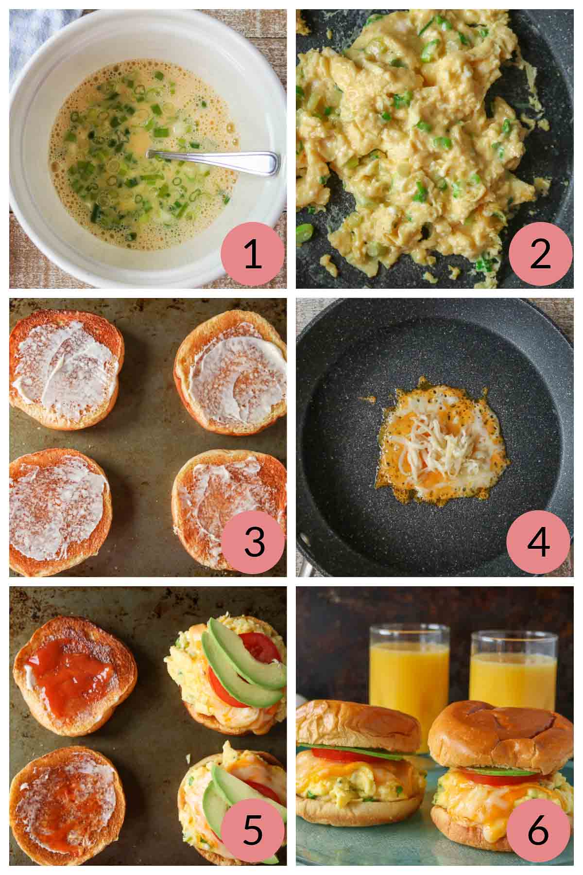 Collage of steps to make cheesy scrambled egg sandwiches.