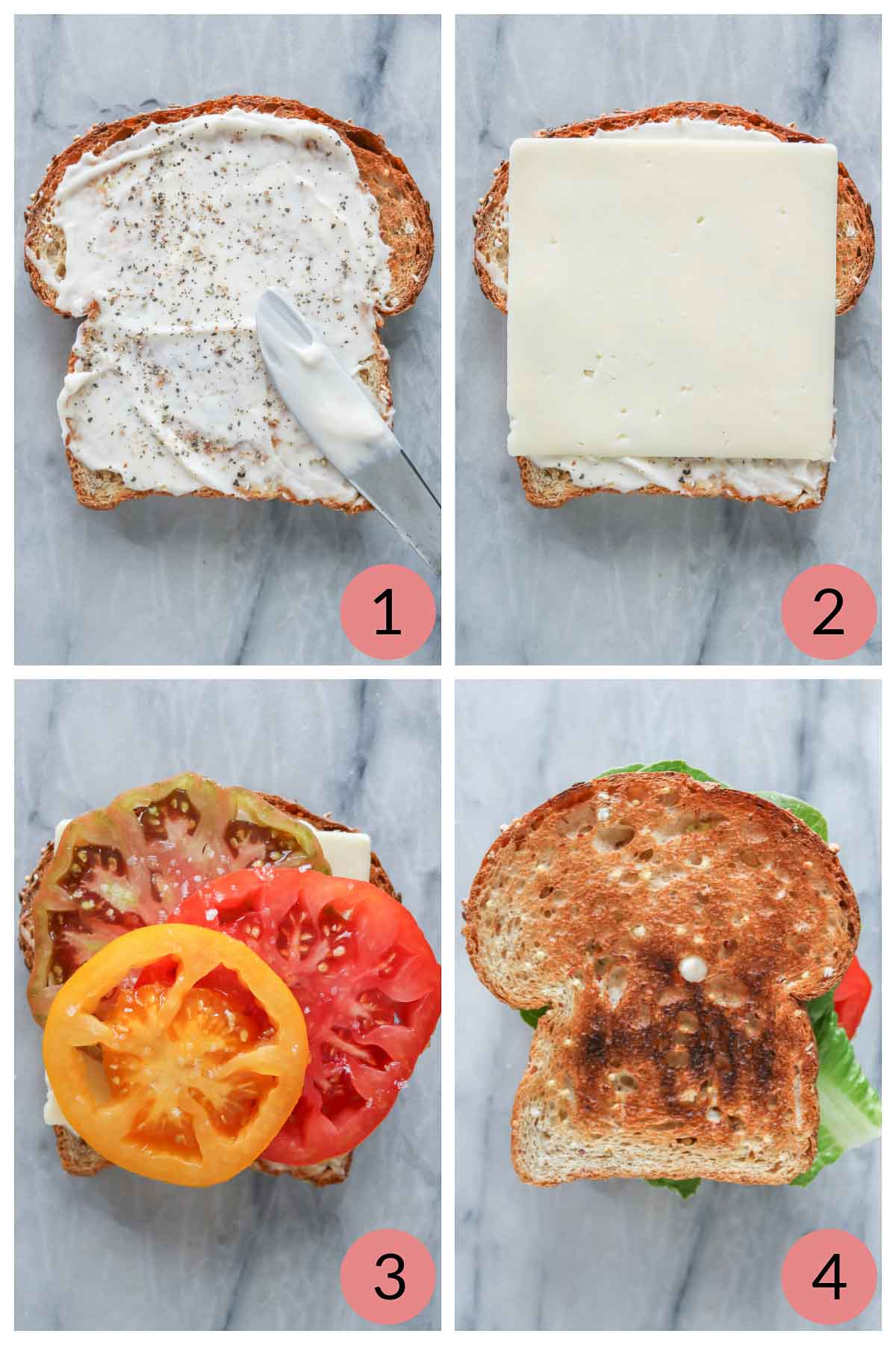 Collage of steps to make a toasted tomato sandwich with cheese and lettuce.
