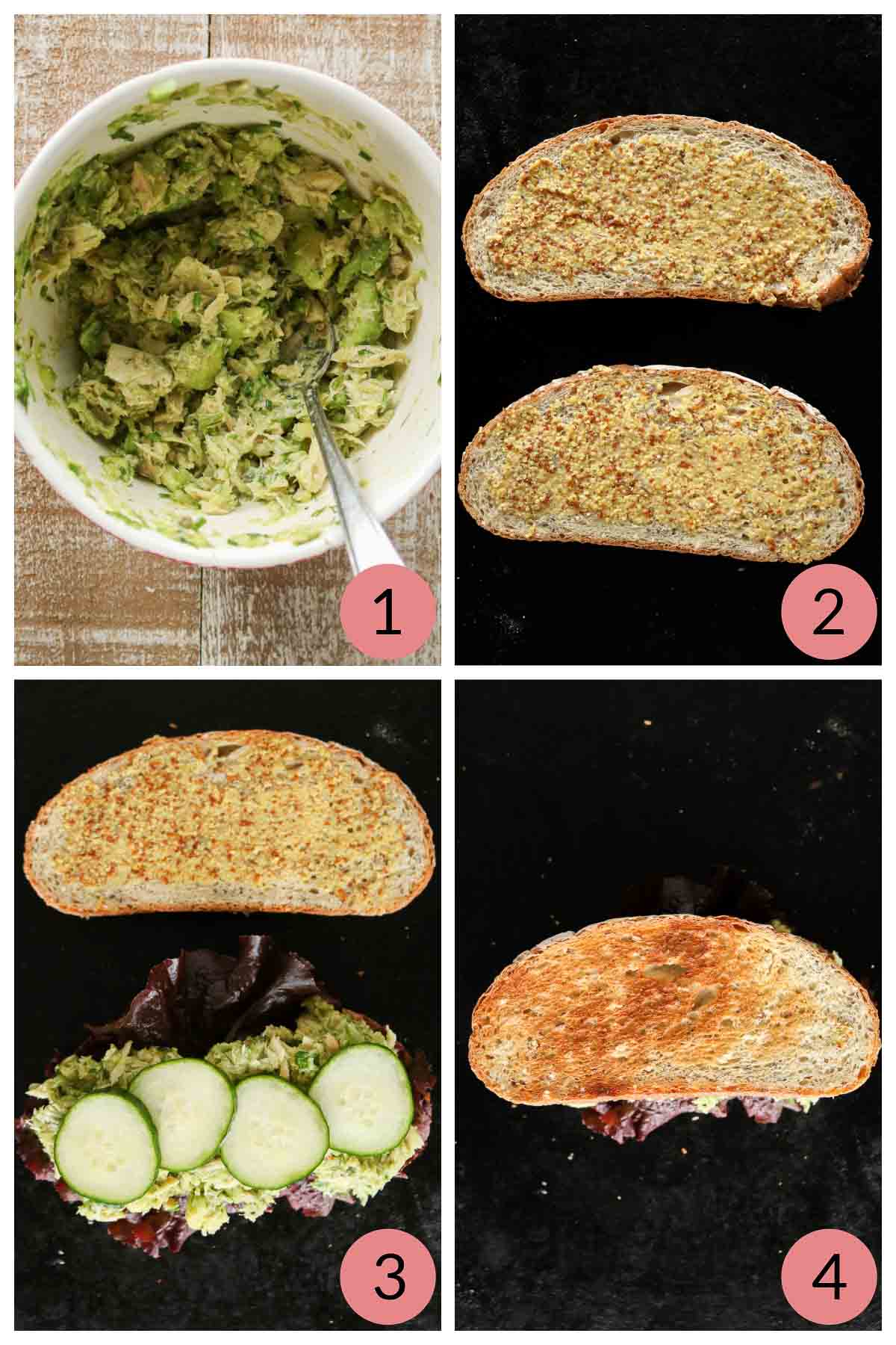 Collage of steps to make a tuna avocado sandwich.