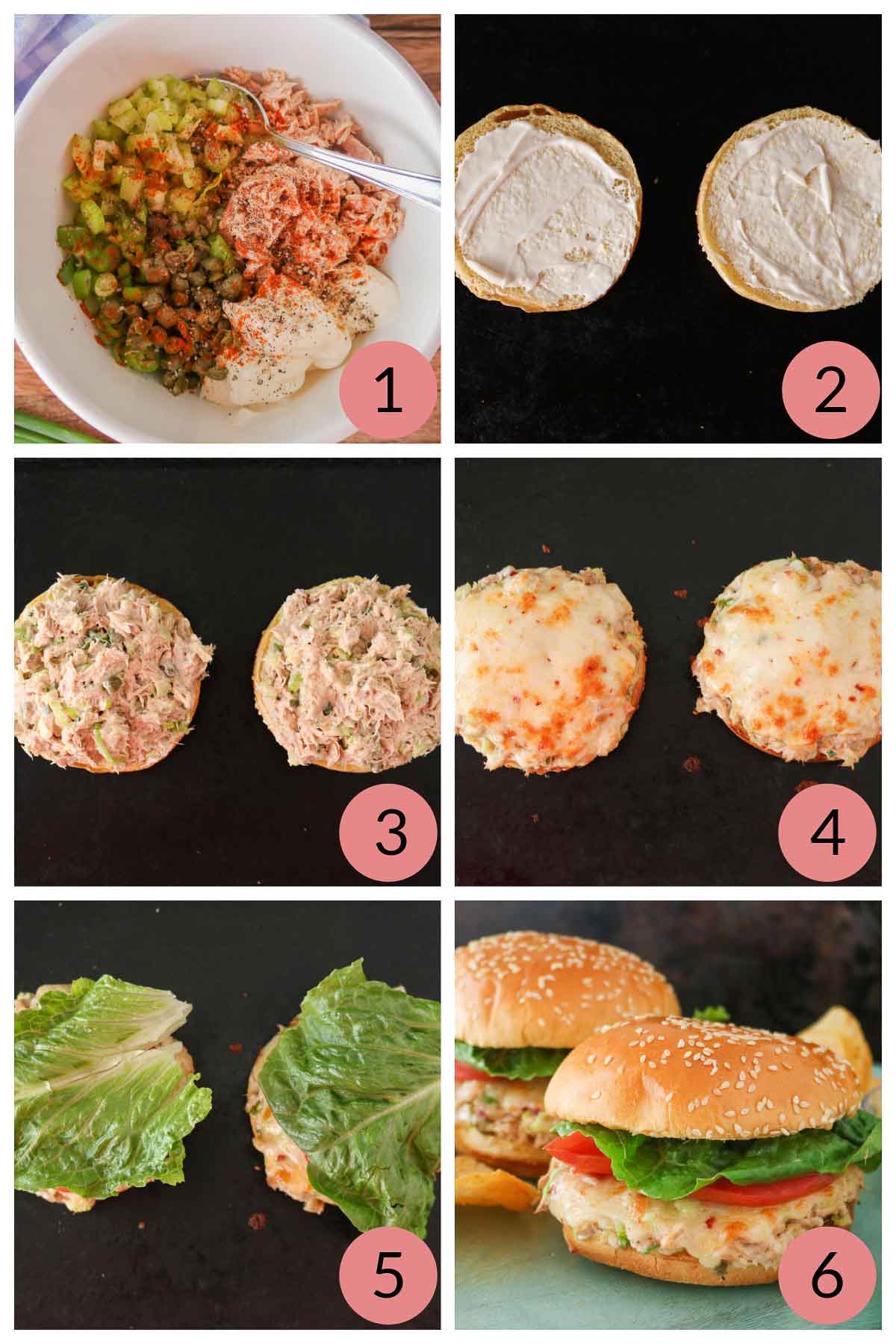 Collage of steps to make tuna melts.