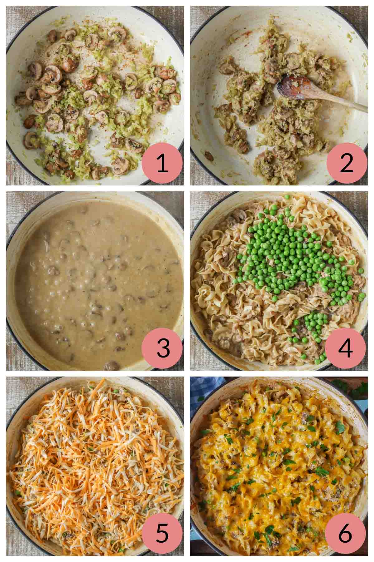 Collage of steps to make a cheesy tuna noodle casserole recipe.
