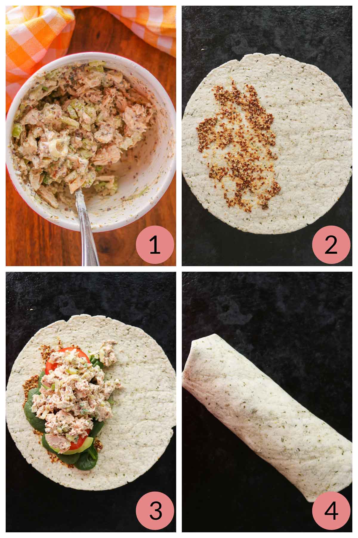 Collage of steps to make a tuna salad wrap.