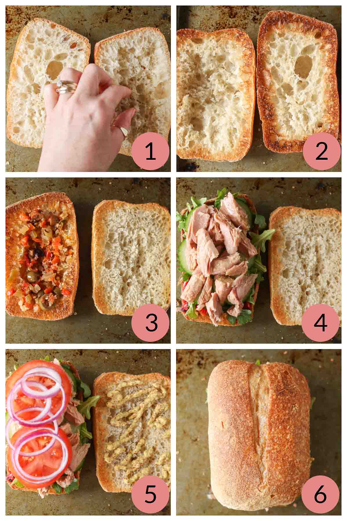 Collage of steps to make a tuna sandwich on a ciabatta bun.