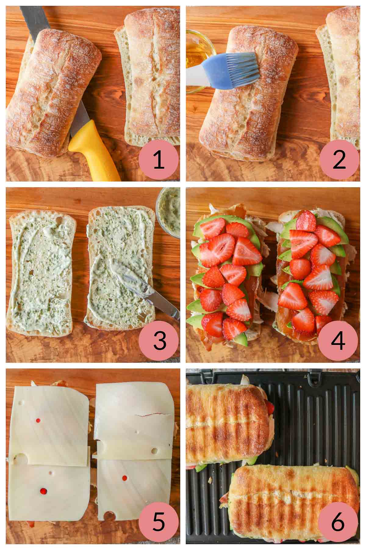 Collage of steps to make turkey panini sandwiches.