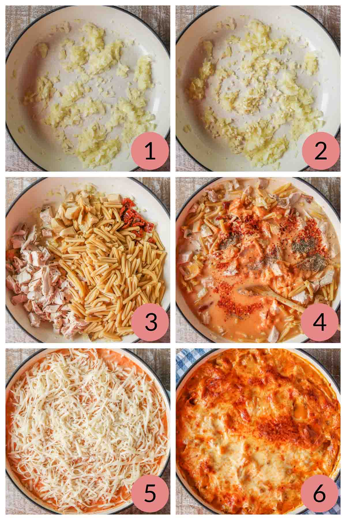 Collage of steps to make pasta bake with turkey,