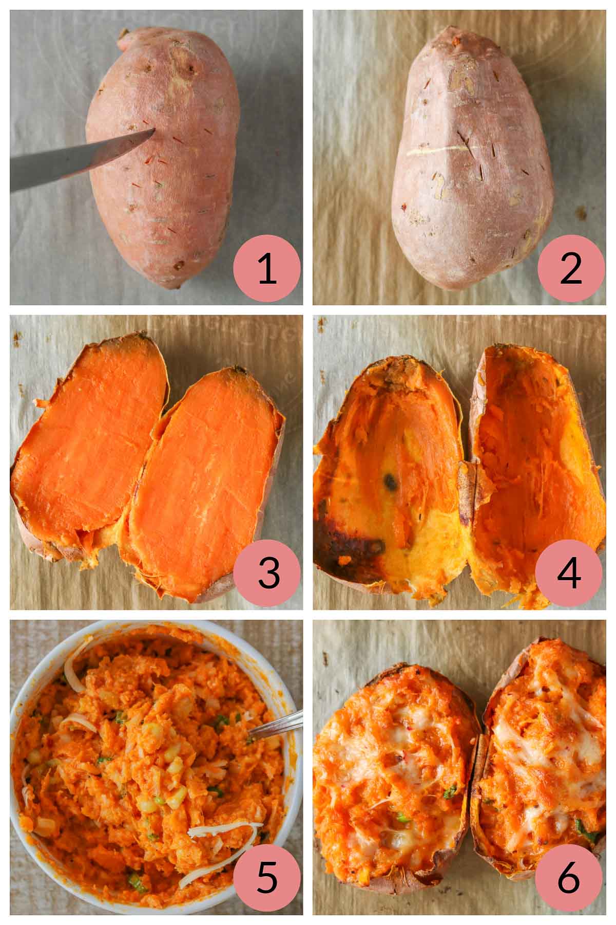 Collage of steps to make twice baked sweet potatoes.