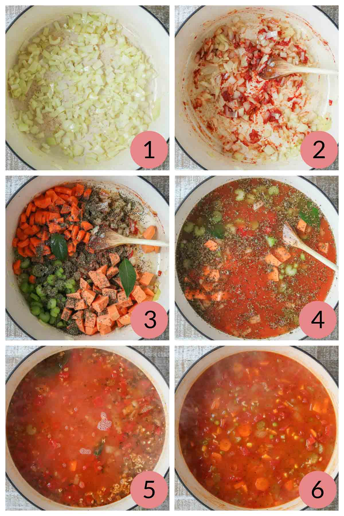 Collage of steps to make a homemade alphabet soup recipe with vegetables.