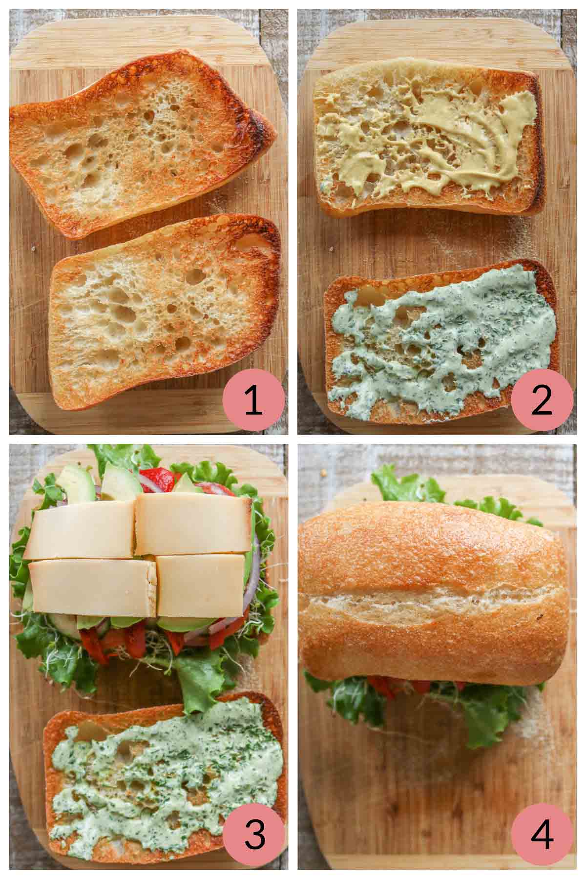 Collage of steps to make a veggie sandwich on a ciabatta bun.